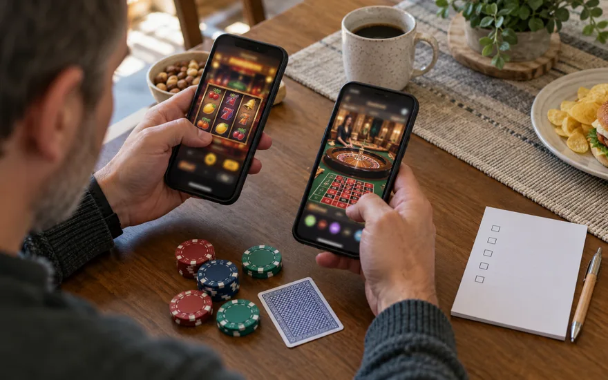 Independent Canadian casino guide: close overhead documentary view of a canadian adult checking two phones showing generic casino reels and roulette lobby at a modest dining table