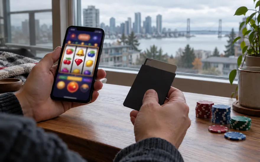 Independent Canadian casino guide: a canadian adult's hand keeps a smartphone showing generic slot reels next to a plain opaque sleeve covering a bankcard, with unmarked casino chips on a clean table by an overcast apartment window; privacy-aware comparison scene, no writing