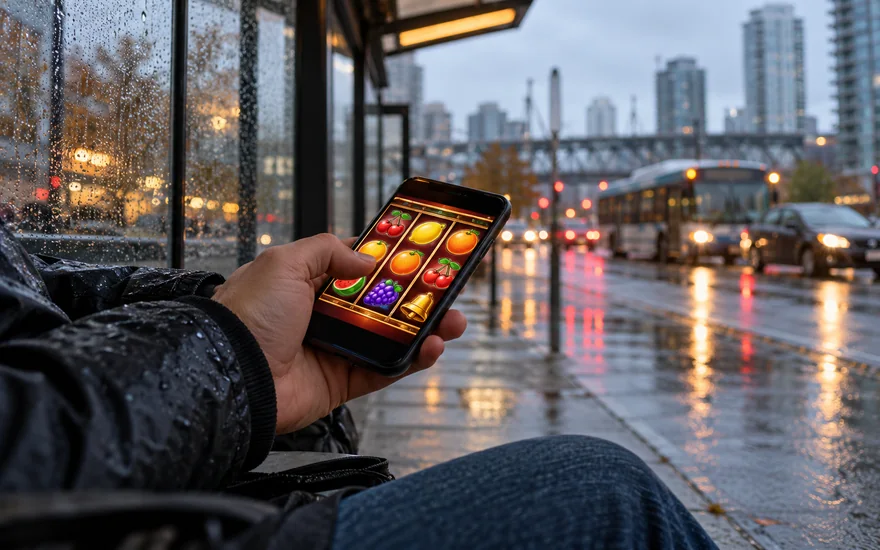 jackpot city mobile in Canada on a casino phone at a rainy bus shelter