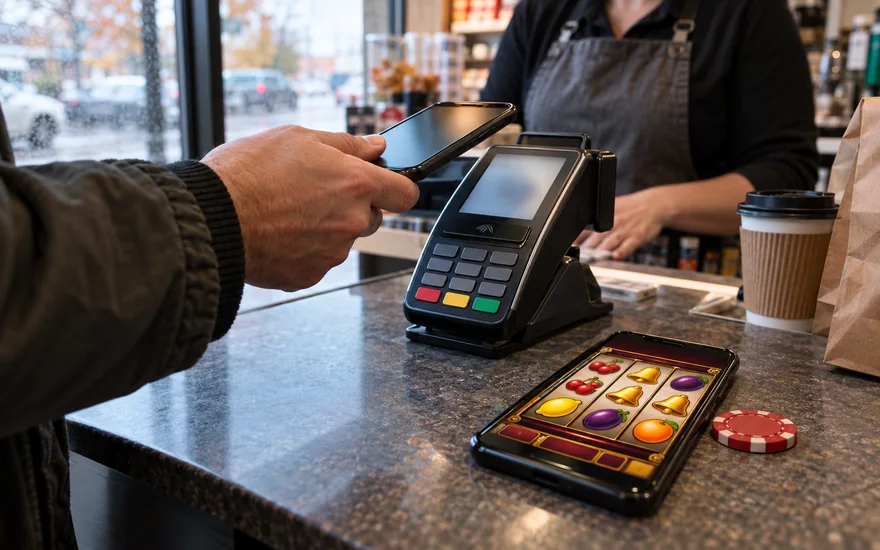 Apple Pay casino Canada guide with a mobile payment screen beside a casino reel phone