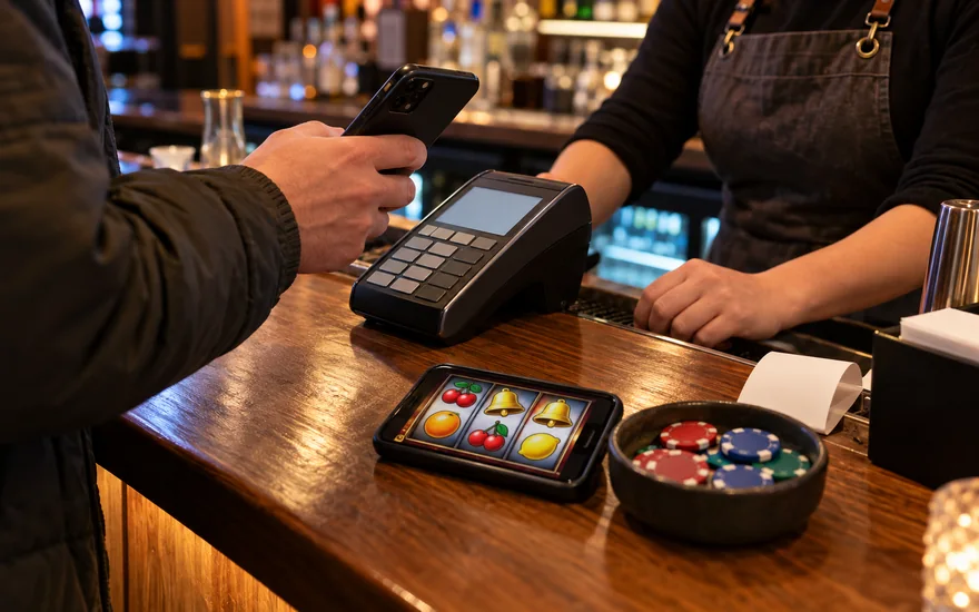 Apple Pay casino Canada comparison with an authenticated phone and abstract casino reels