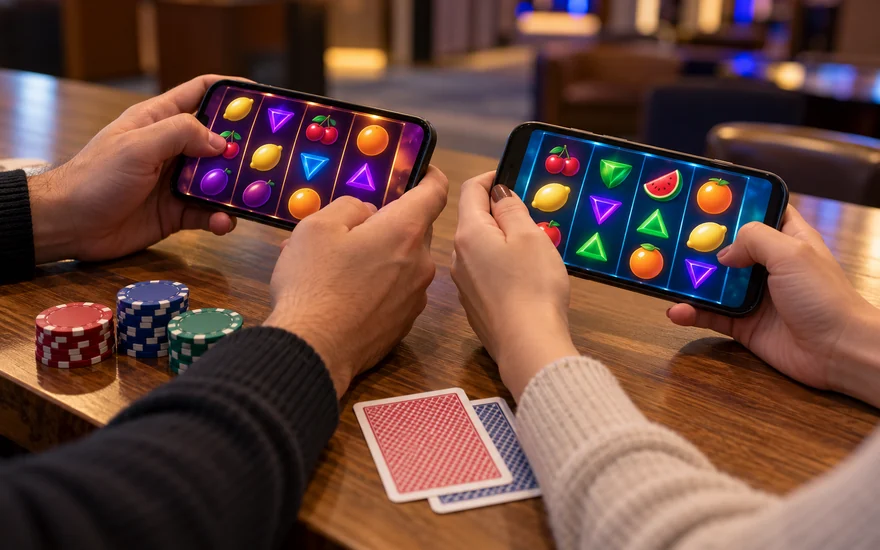 best online casino CA: two distinct casino-reel phones, chips and card backs