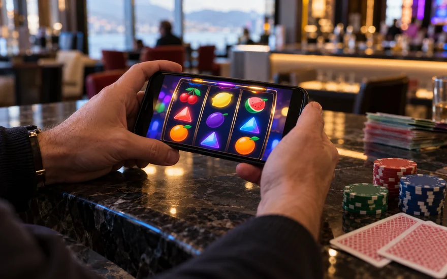best low volatility slots: phone with fruit-shaped casino reels, chips, card backs