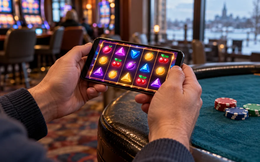 best low volatility slots: phone jewel slot grid and casino chips on felt