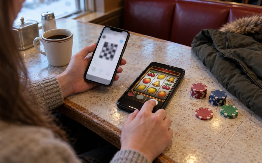 Bitcoin transfer phone beside a second casino screen in a Canadian apartment