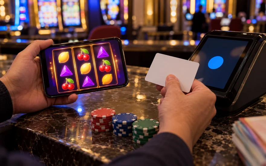 online casino accepts prepaid Mastercard: blank bank card, terminal, phone slot reels, chips