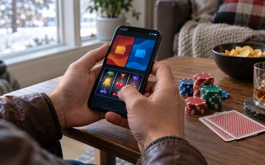 crypto casino minimum deposit Canada: wallet phone with casino reels, chips and card backs