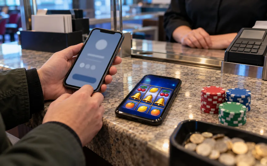 Canadian casino comparison with two blurred wallet phones and unmarked gaming chips