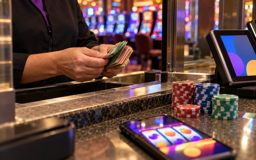 same day payout online casino: cashier counting currency, casino chips, cashout/slot phone