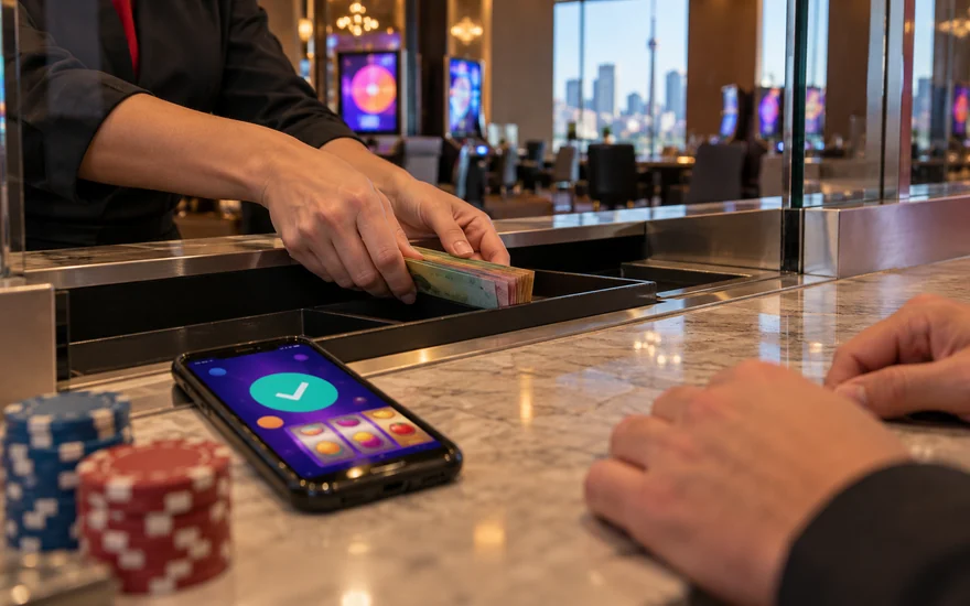 same day payout online casino: cashier window, notes, cashout phone with reels and chips