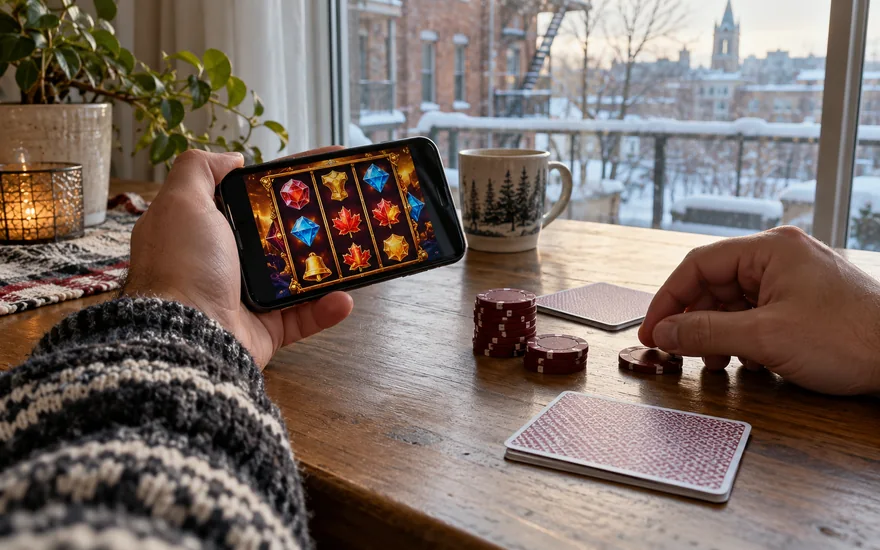 Jackpot City français : téléphone avec rouleaux et jetons dans un intérieur québécois