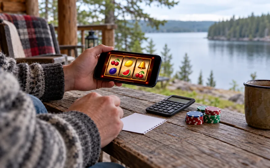 jackpot city free spins code in Canada on a casino phone beside a cabin bench