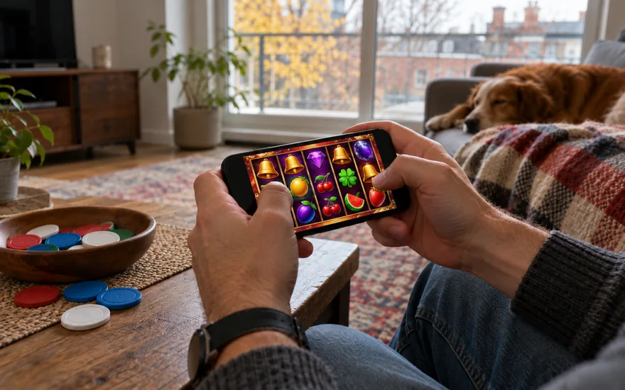 jackpot city: canadian adult hands holding landscape smartphone with colourful generic slot reels, plain unmarked chips near the phone, late-autumn daylight in modest montreal living room