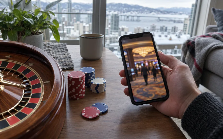jackpot city: overhead documentary scene in a canadian condo: small real roulette wheel cropped at the edge, unmarked casino chips, a smartphone with a blurred casino lobby held by adult hand wearing a dark knit cuff, early morning window light
