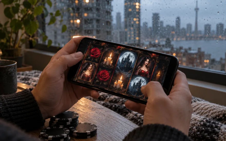 immortal romance slot demo: close documentary view of adult hands holding smartphone with gothic romance slot reels: red rose, candle, dark castle and moon motifs, beside plain black casino chips, rainy canadian apartment window in background