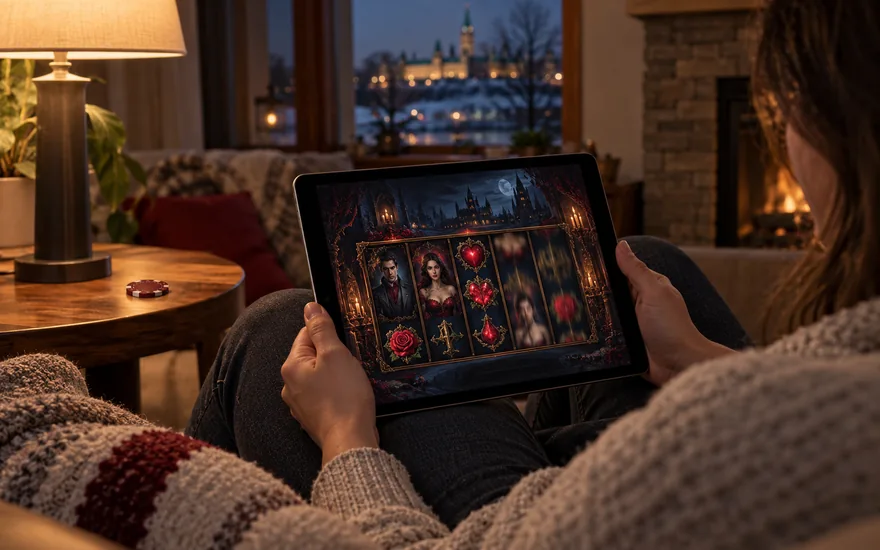 immortal romance slot demo: side-angle canadian living-room evening scene, tablet balanced on adult's knees displays gothic casino slot reels with roses and a shadowy old manor, a single plain burgundy chip resting on side table