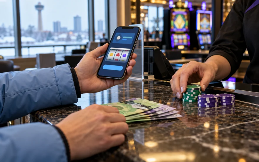 fastest Interac withdrawal casino: phone with abstract bank transfer and reels, casino chips