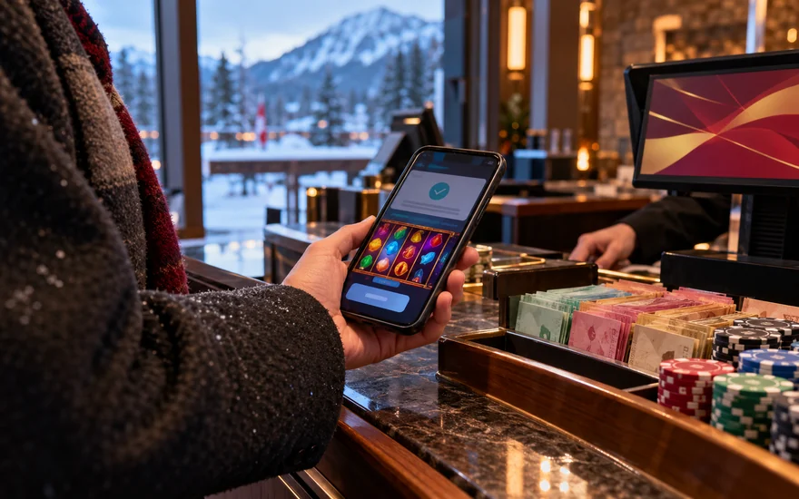 fastest Interac withdrawal casino: transfer phone with casino reels, chips, currency colours