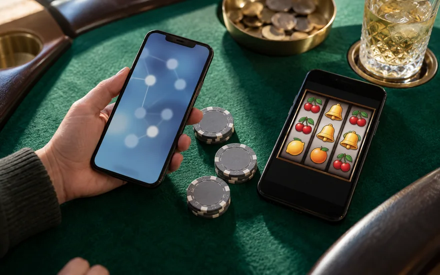 Canadian adult comparing a blurred cryptocurrency wallet beside casino chips