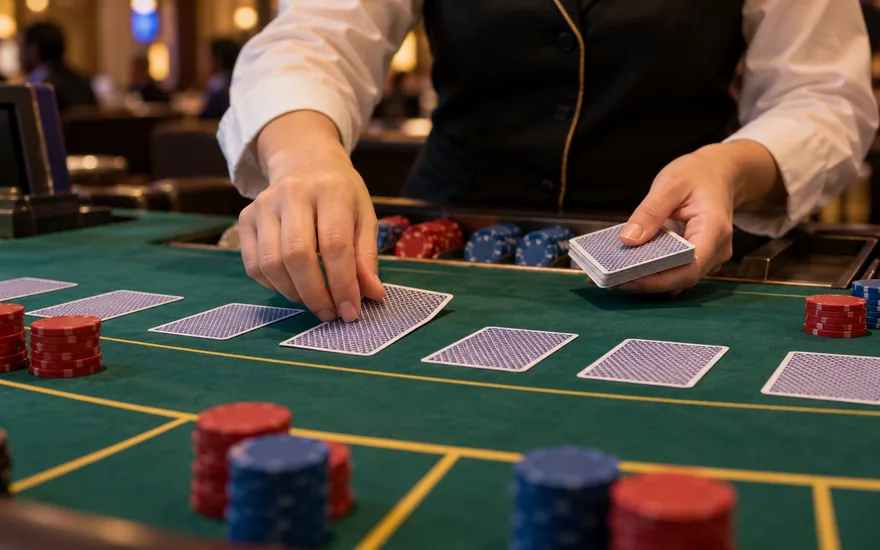 jackpot city live dealer: documentary close crop of adult casino dealer hands arranging only face-down patterned playing cards on green felt with plain unmarked red and blue chips at a canadian casino table