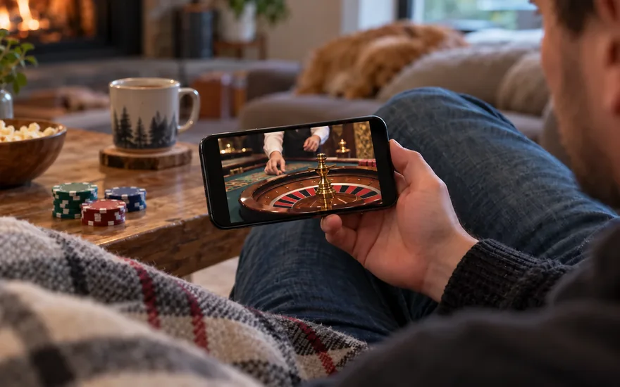 jackpot city live dealer: adult in a lived-in canadian lounge holding smartphone displaying a real-looking generic live roulette video, cropped miniature wooden roulette wheel and a dealer's hands on screen, plain chips beside the phone, shallow focus