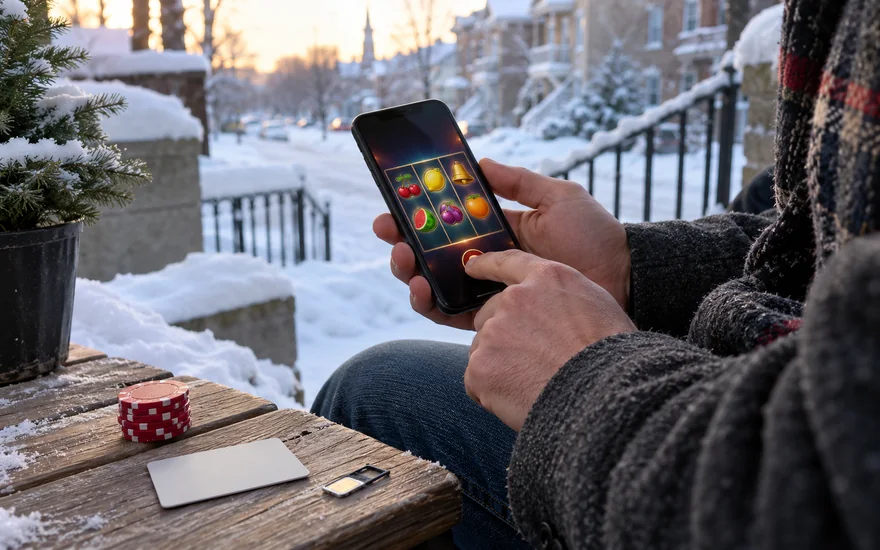 jackpotcity online casino login in Canada on a winter porch beside a SIM tray