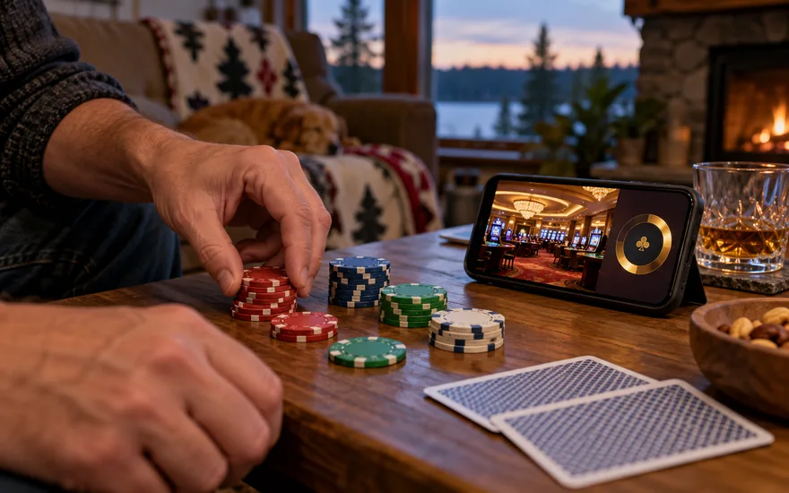 jackpot city casino rewards: adult hand sorting small piles of plain unmarked casino chips beside a smartphone showing a generic casino lobby and an abstract unnumbered progress ring, canadian den in early evening, documentary close crop