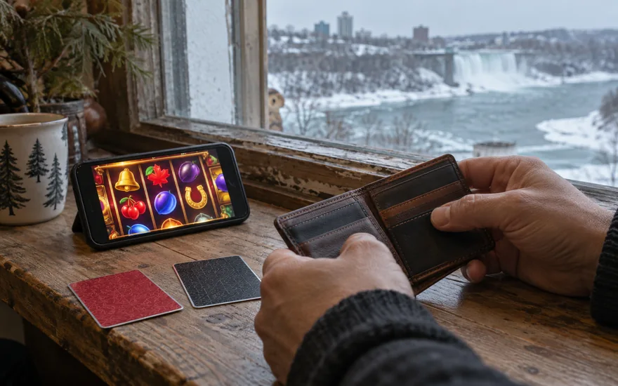 jackpot city casino rewards: two plain unbranded casino membership cards face down with patterned backs, a phone showing generic colourful slot reels, adult canadian hand checking an abstract wallet-like panel with no writing or digits