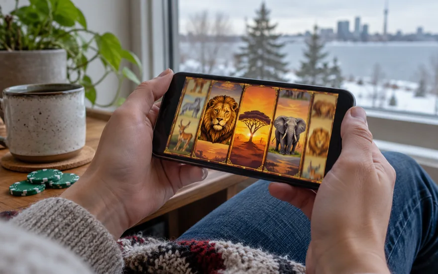 play mega moolah: canadian adult's phone held by a window, screen slot reels showing generic safari animals, a stylized lion and elephant with savannah colours, a few plain green chips beneath