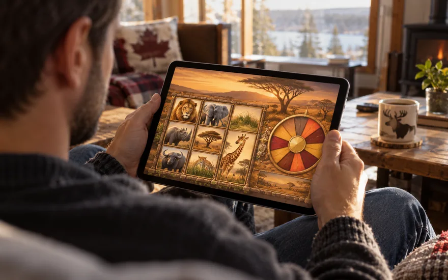 play mega moolah: over-shoulder photo of adult at a modest canadian den, large tablet with generic safari-themed slot and a small abstract jackpot wheel graphic with no digits or writing; only warm sand, grass and animal symbols