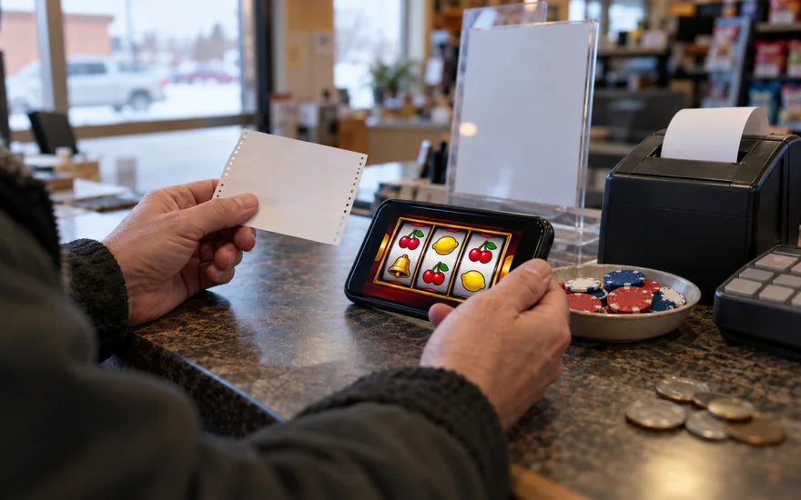 Neosurf casino Canada comparison with an unmarked voucher, blank receipt and casino reel phone