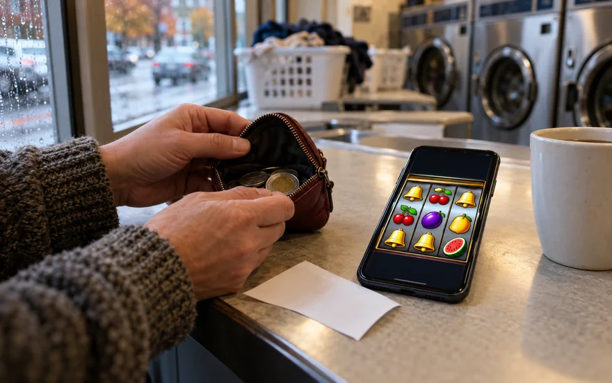 $1 deposit casino Canada: casino reels on a phone beside coins and a blank receipt