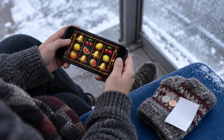 $1 deposit casino Canada: slot phone and small coins on a mitten at a winter bus shelter