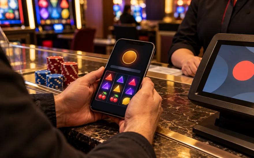 Jackpot City pending withdrawal: terminal with abstract red status, slot phone and chips