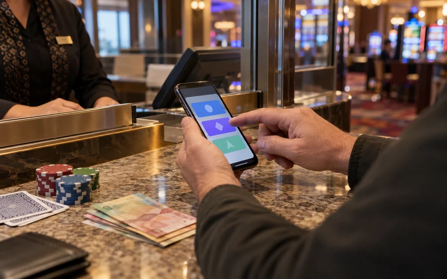 Jackpot City payment methods: phone with casino/payment shapes, chips, note stack