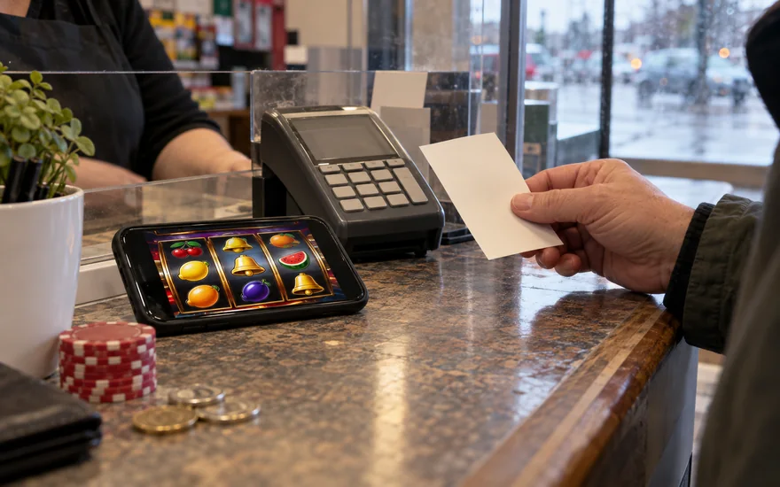 Paysafecard casino Canada guide with a blank voucher and casino phone at a payment counter
