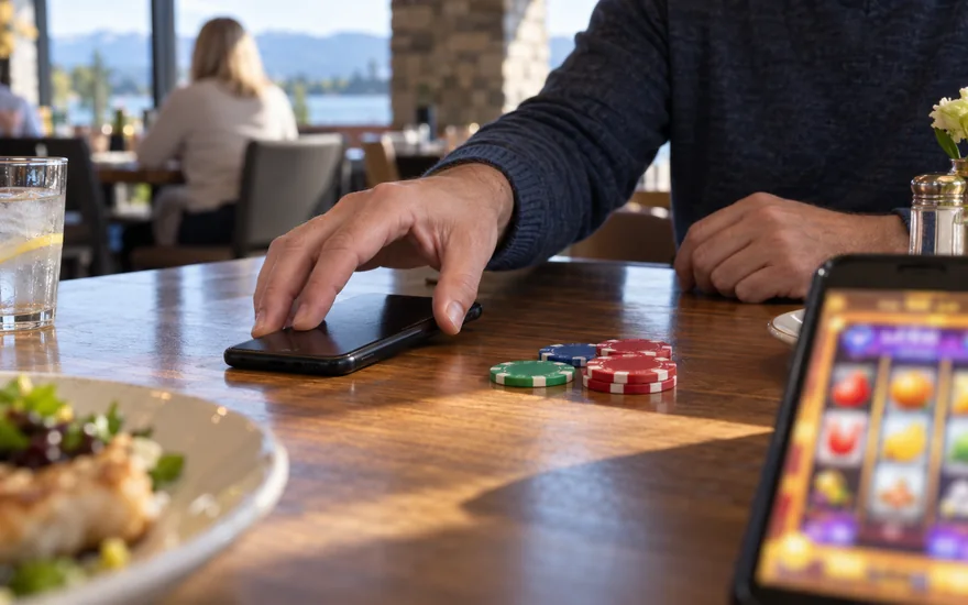 how to delete jackpot city account: canadian adult deliberately placing a phone face down beside a few plain unmarked casino chips, with a second phone screen at edge showing blurred slot reels