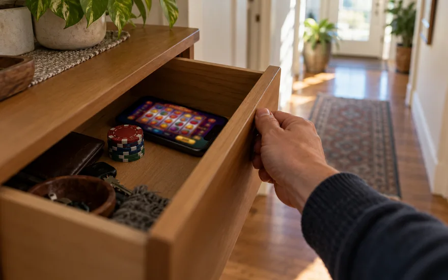 how to delete jackpot city account: adult hand closing a plain wooden drawer containing a smartphone whose visible screen shows generic casino reels and a small stack of unmarked chips, canadian home hallway in clear morning light, documentary over-the-shoulder crop, no faces