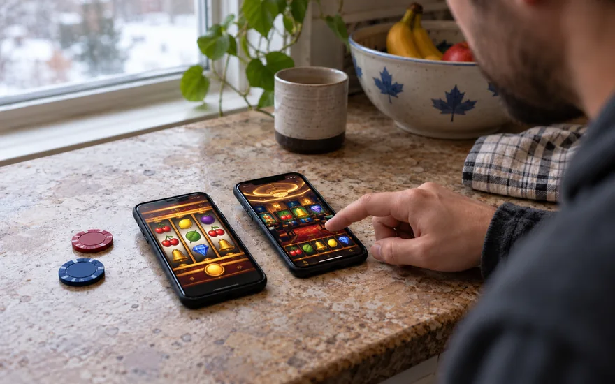 jackpot city review: two smartphones lying side by side on a worn canadian kitchen counter, one showing generic slot reels and one showing a different casino lobby, an adult hand comparing them and two plain unmarked chips beside them