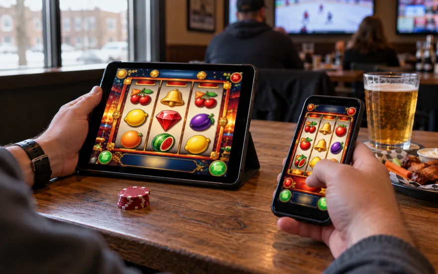 jackpot city review: adult canadian's hands making a practical comparison of casino games on a tablet and a phone at a quiet neighbourhood sports-bar table