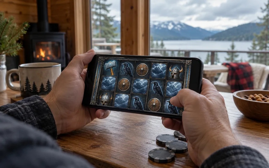 thunderstruck 2 slot demo: adult hands holding phone at a canadian cabin table
