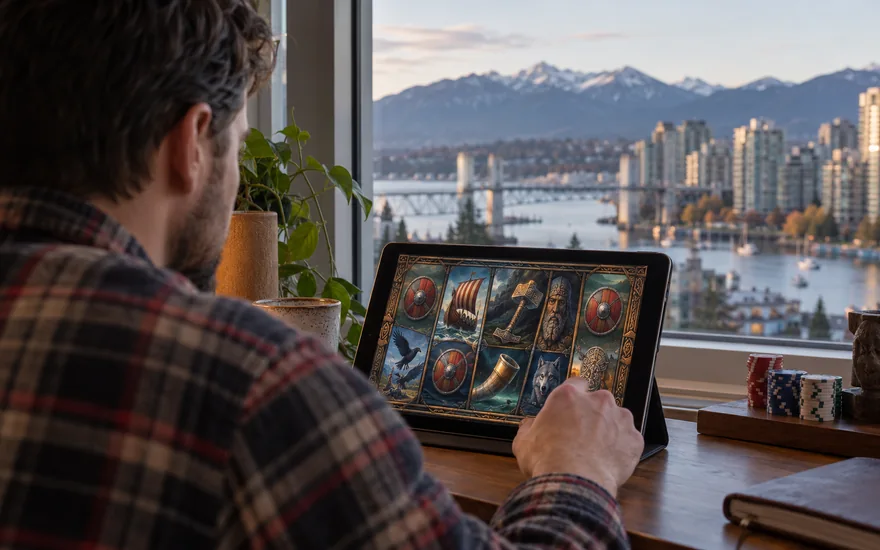 thunderstruck 2 slot demo: candid over-shoulder photograph at a vancouver apartment window: tablet displaying generic viking-themed casino reels with wooden shields, a longship and a hammer motif