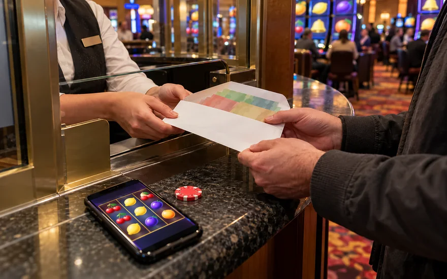 jackpot city payout in Canada with cash being collected at a cashier window