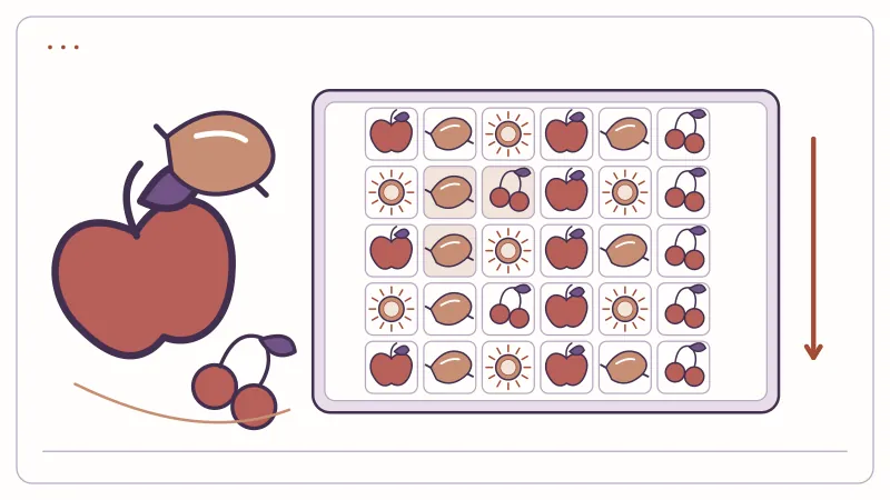 Fruit symbols beside a cascading slot grid