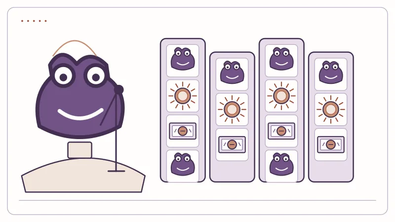 An original frog musician beside a variable-height slot grid