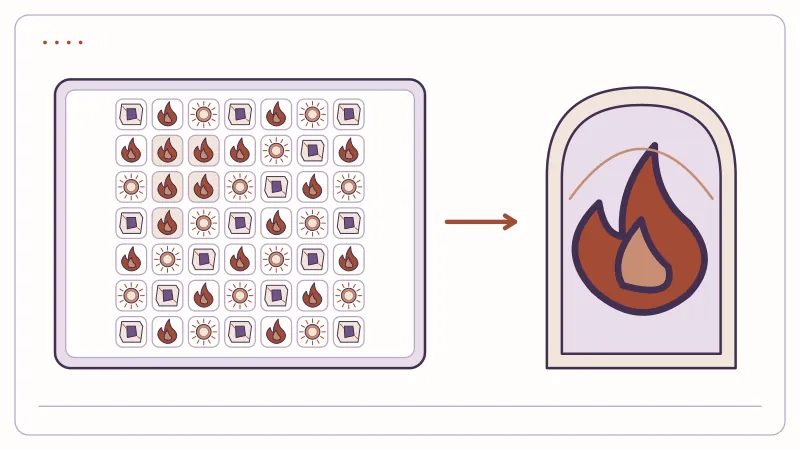 A symbol grid linked to an expanding flame portal