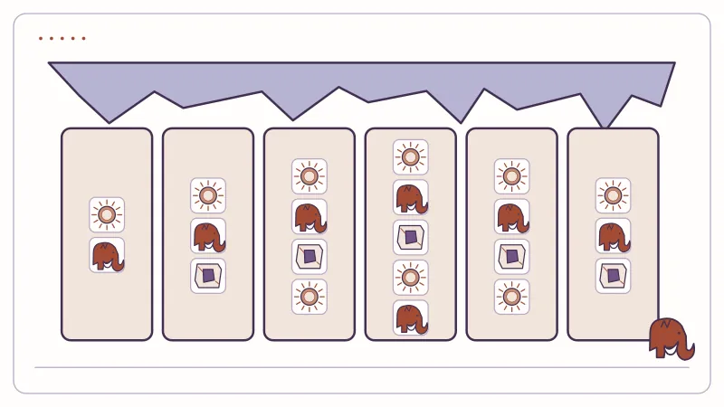 Uneven reel columns beneath an ice shelf with gold symbols